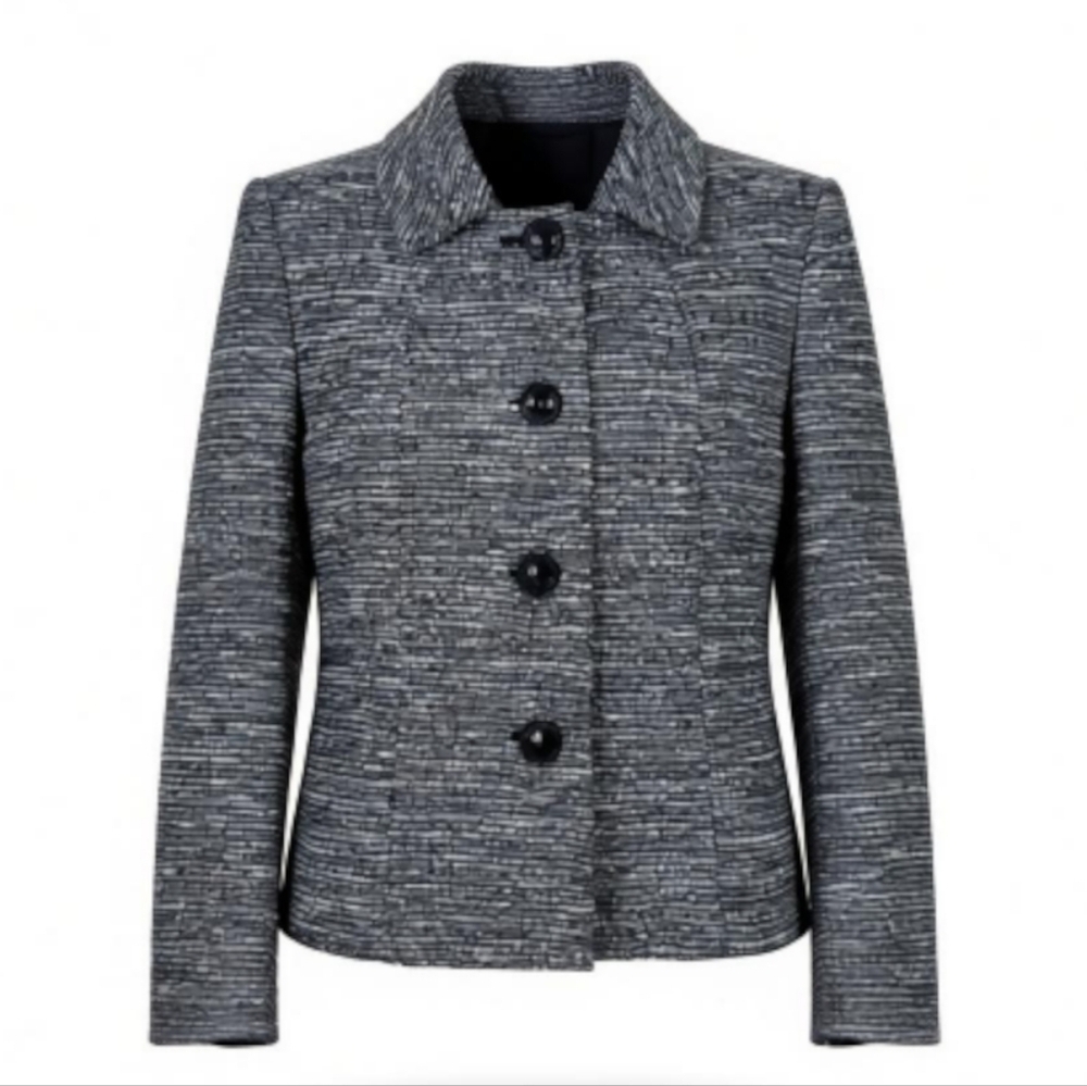 Kasper Boucle Blazer Women Size 14 Black White Silver Metallic Nubby 4 Button